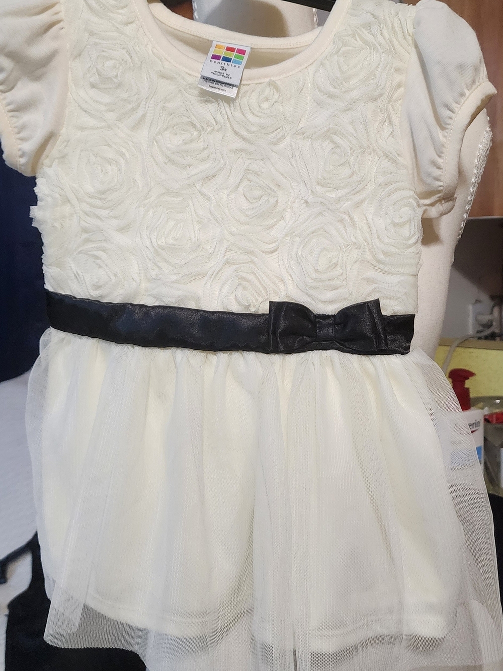 healthtex Cream Floral Rosette Tulle Dress with Black Sash Sz 3T